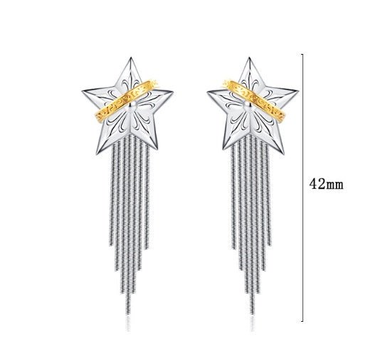 925 Sterling Silver Earrings Design Tassel Niche Five - pointed Planet - Rhyme - and - Chain