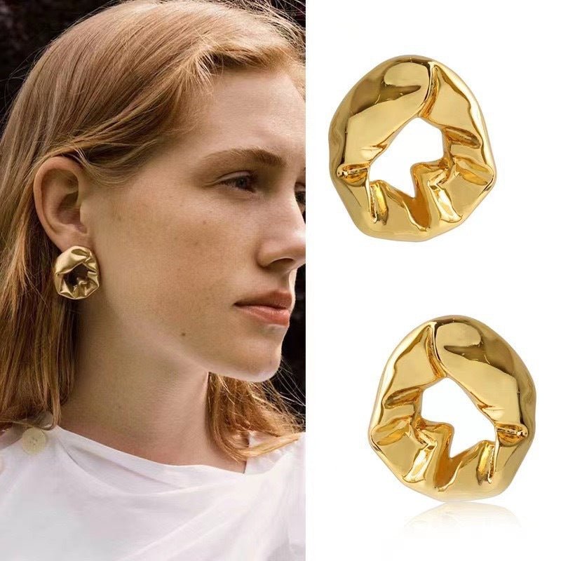 18K Gold Balloon Fold Irregular Texture Simple Earrings - Rhyme-and-Chain