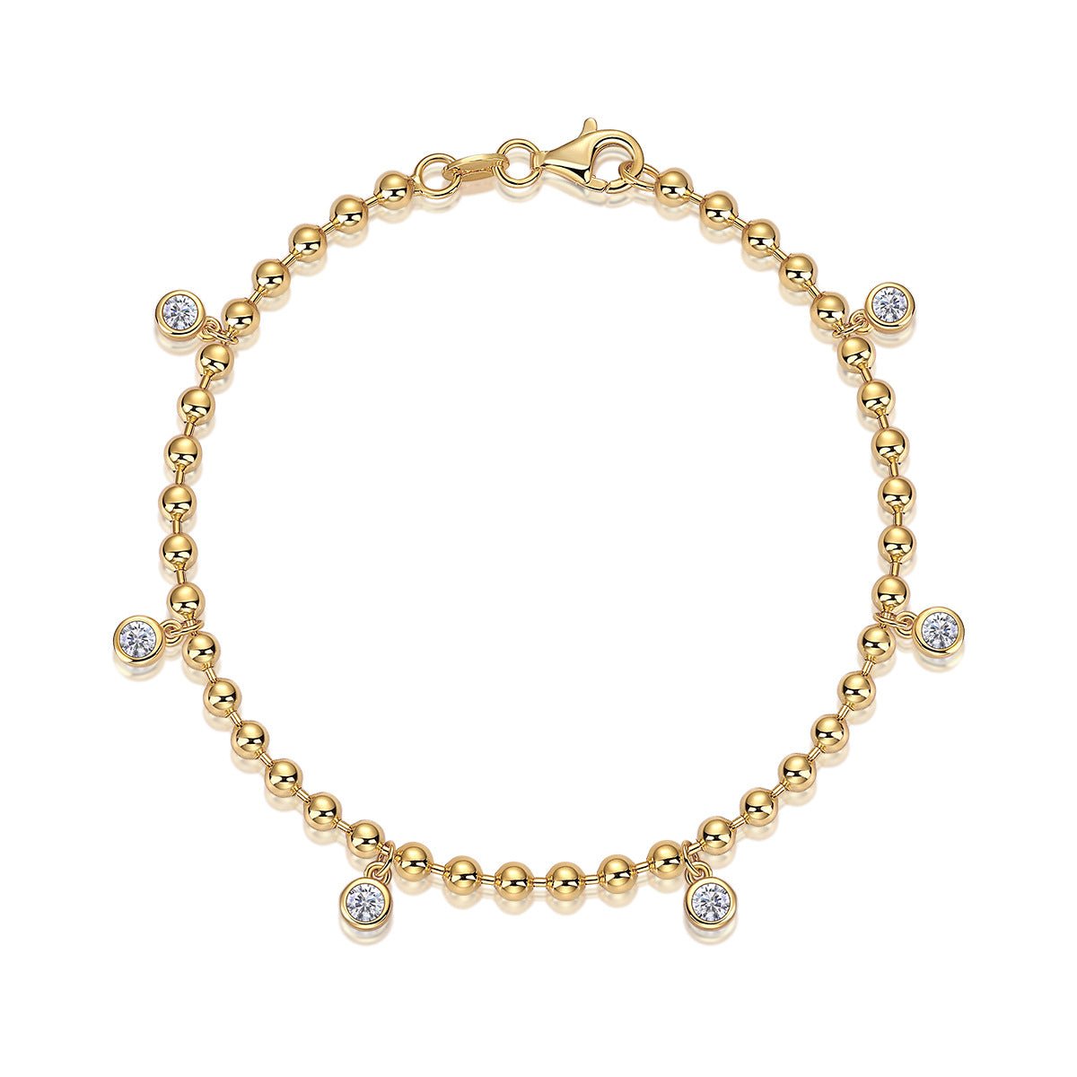 18k Gold - plated 925 Bedazzle Bracelet Round Beads Moissanite - Rhyme - and - Chain