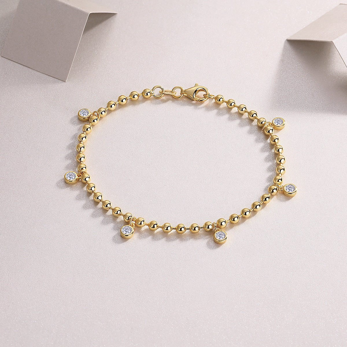 18k Gold - plated 925 Bedazzle Bracelet Round Beads Moissanite - Rhyme - and - Chain