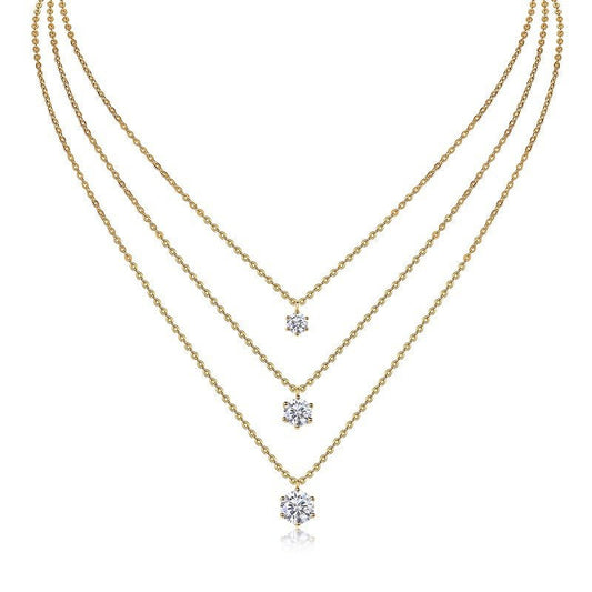 18k Gold - plated 925 Silver Layered Necklace Multi Row 3 Tier Moissanite Pendant - Rhyme - and - Chain