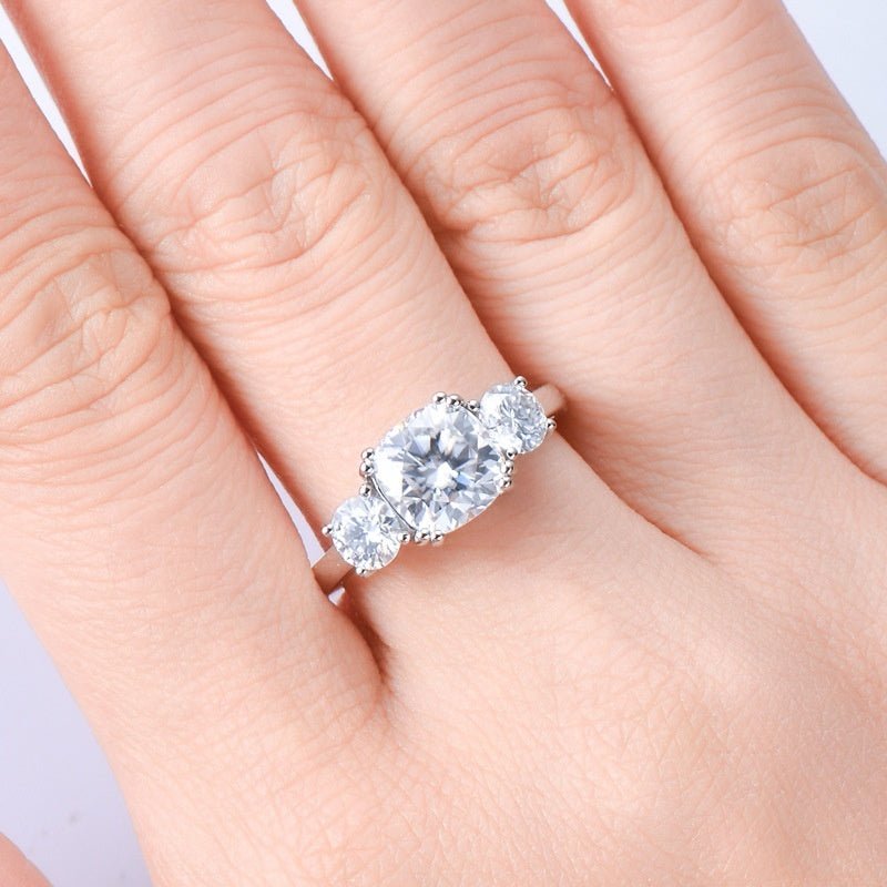 3 Stone Moissanite Engagement Ring Women's S925 Sterling Silver - Rhyme - and - Chain