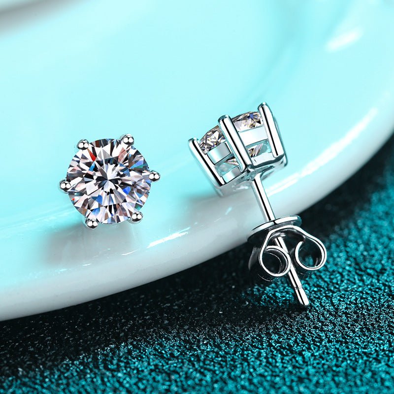 925 Sterling Silver Moissanite Stud Earrings With Six Claws - Rhyme - and - Chain