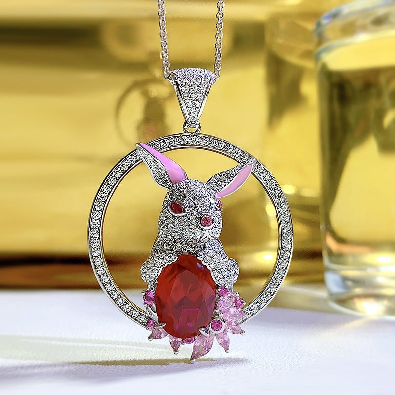 925 Sterling Silver Rabbit Pendant Necklace 10X14 Dove Blood Red - Rhyme - and - Chain