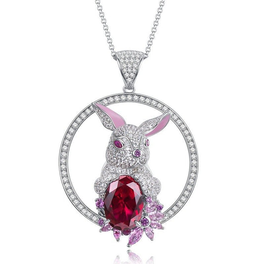 925 Sterling Silver Rabbit Pendant Necklace 10X14 Dove Blood Red - Rhyme - and - Chain