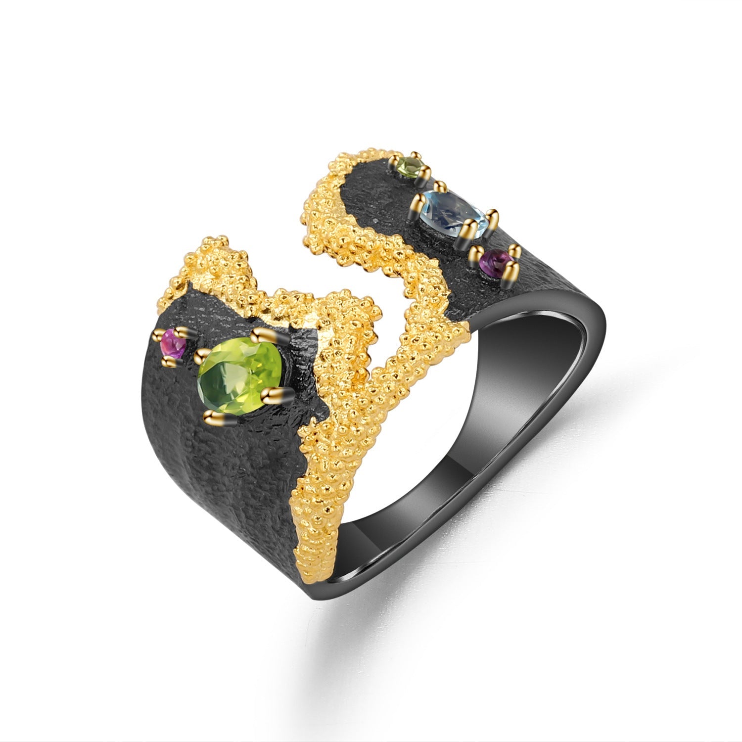 925 Silver Gemstone Inlaid Gold - plated Peridot Personality Ring - Rhyme - and - Chain