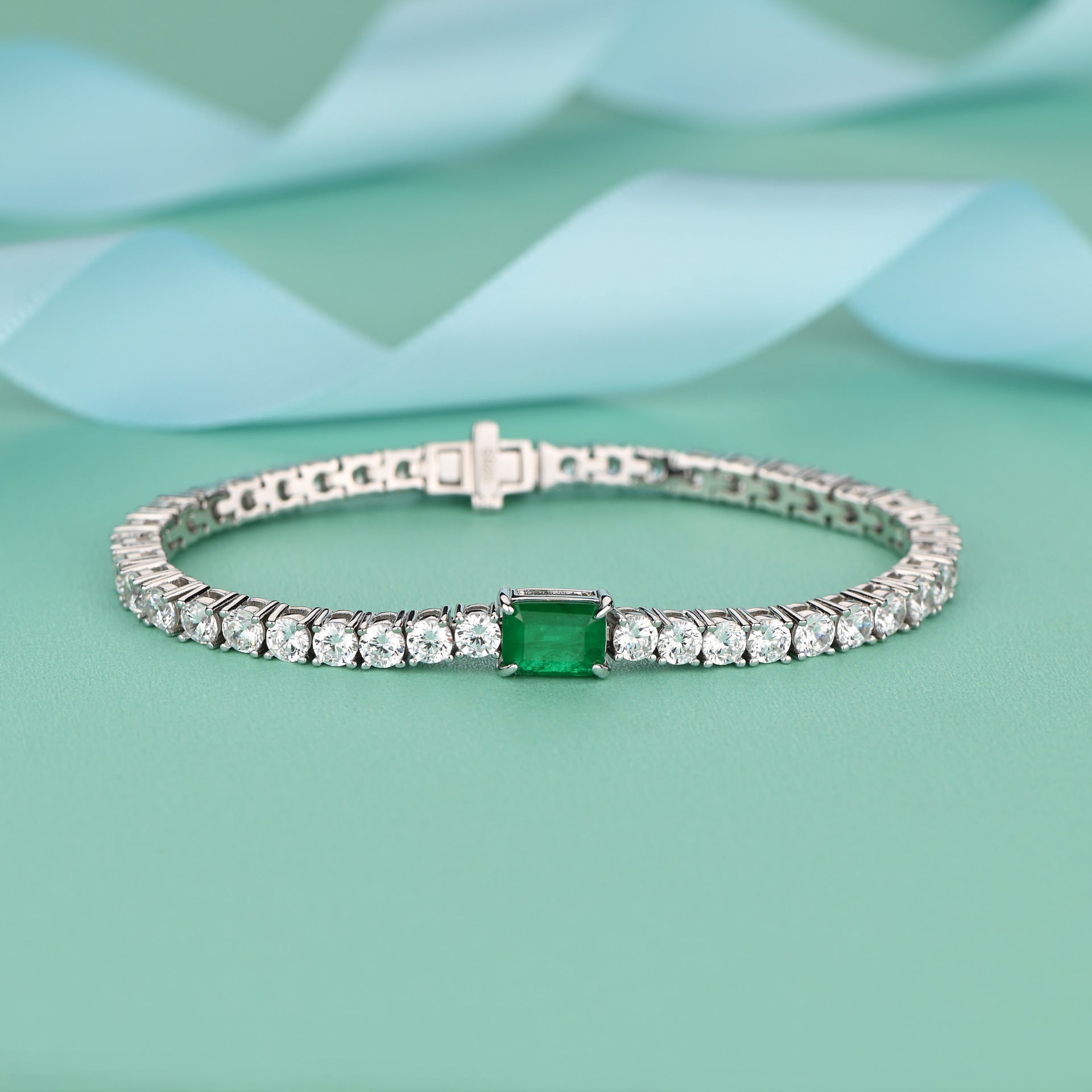 925 Silver Lab Emerald Cut Tennis Chain Bracelet - Rhyme - and - Chain