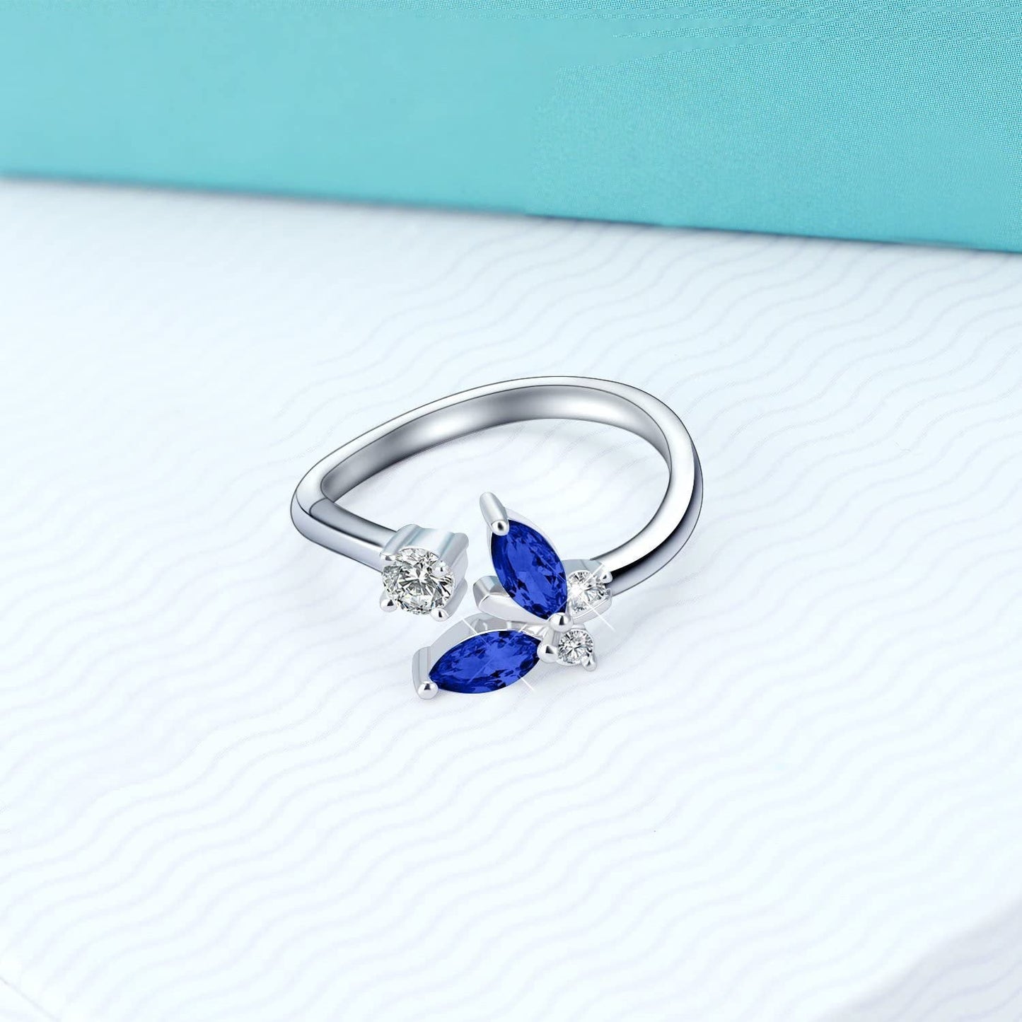 925 Sterling Silver Butterfly Ring with Sapphire Blue Crystal - Rhyme - and - Chain