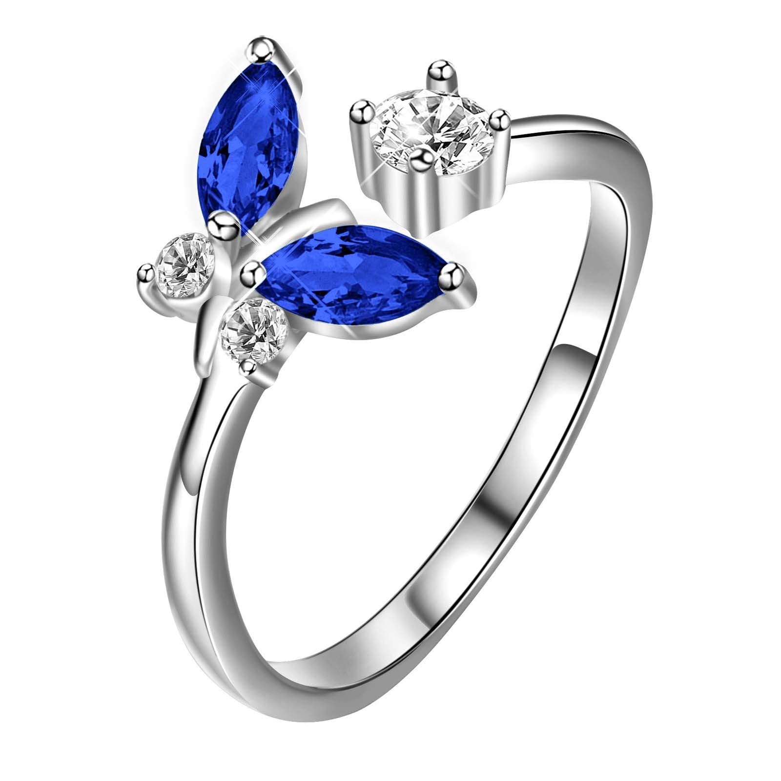 925 Sterling Silver Butterfly Ring with Sapphire Blue Crystal - Rhyme - and - Chain