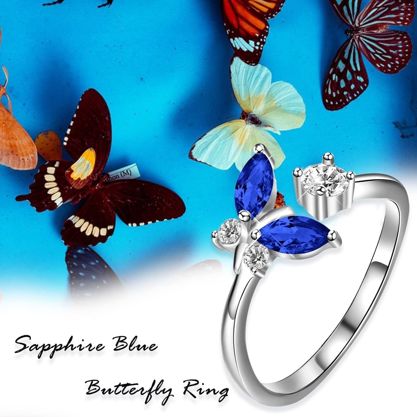 925 Sterling Silver Butterfly Ring with Sapphire Blue Crystal - Rhyme - and - Chain