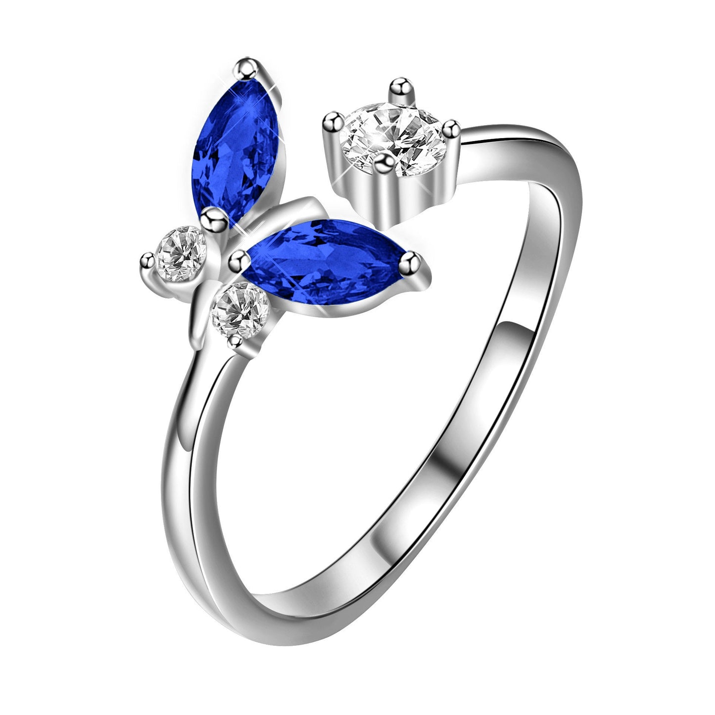 925 Sterling Silver Butterfly Ring with Sapphire Blue Crystal - Rhyme - and - Chain