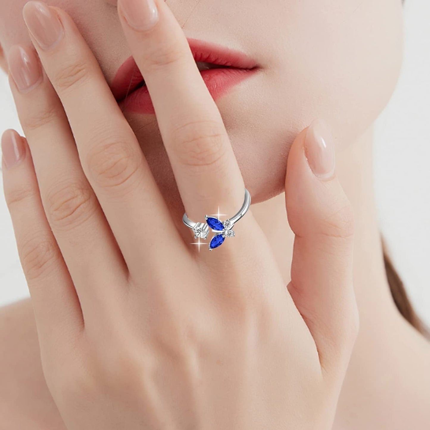 925 Sterling Silver Butterfly Ring with Sapphire Blue Crystal - Rhyme - and - Chain