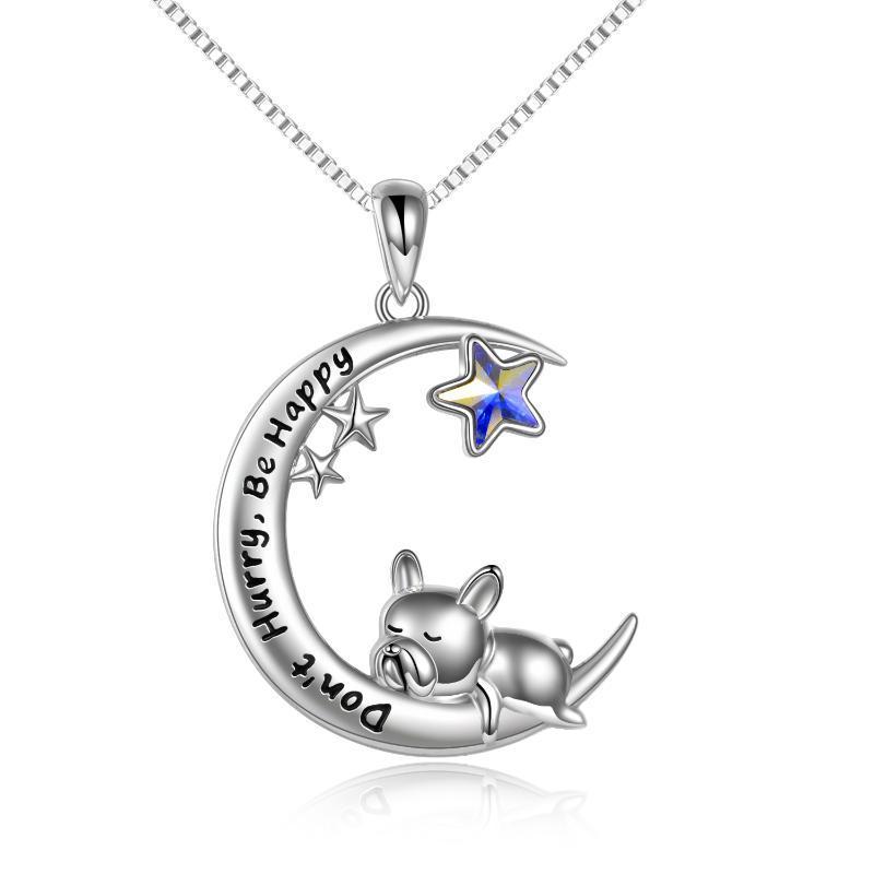 925 Sterling Silver French Bulldog Moon Pendant Necklace - Rhyme-and-Chain