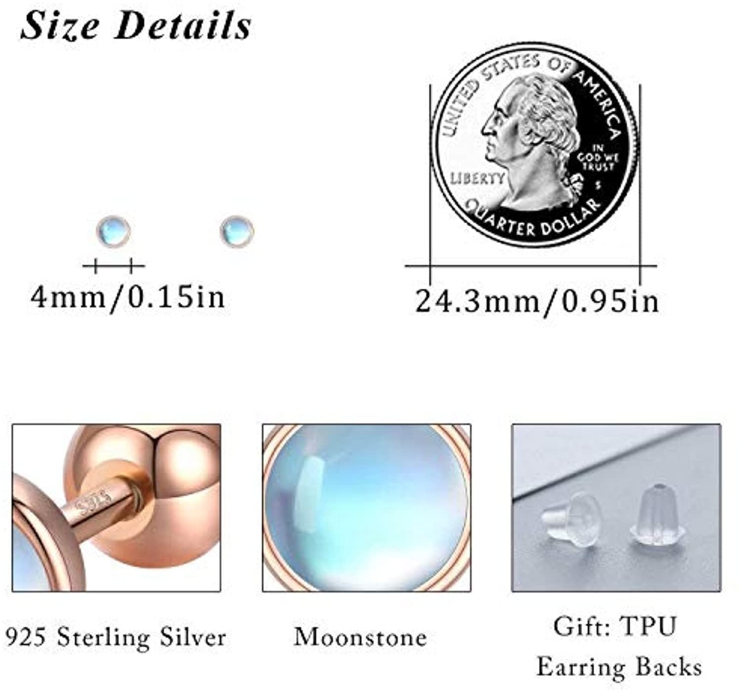 925 Sterling Silver Moonstone Tragus Cartilage Screw Back Hypoallergenic Earrings - Rhyme - and - Chain