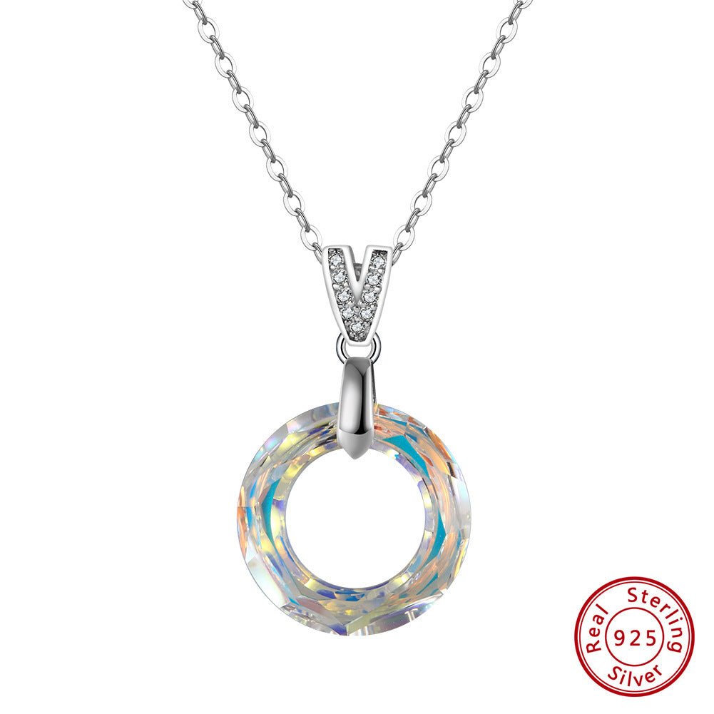 925 Sterling Silver Necklace Geometric Circle Austrian Crystal Pendant Necklace Women - Rhyme-and-Chain