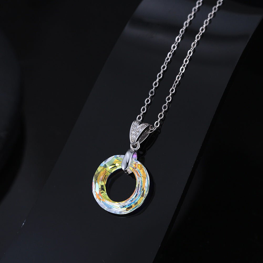 925 Sterling Silver Necklace Geometric Circle Austrian Crystal Pendant Necklace Women - Rhyme-and-Chain