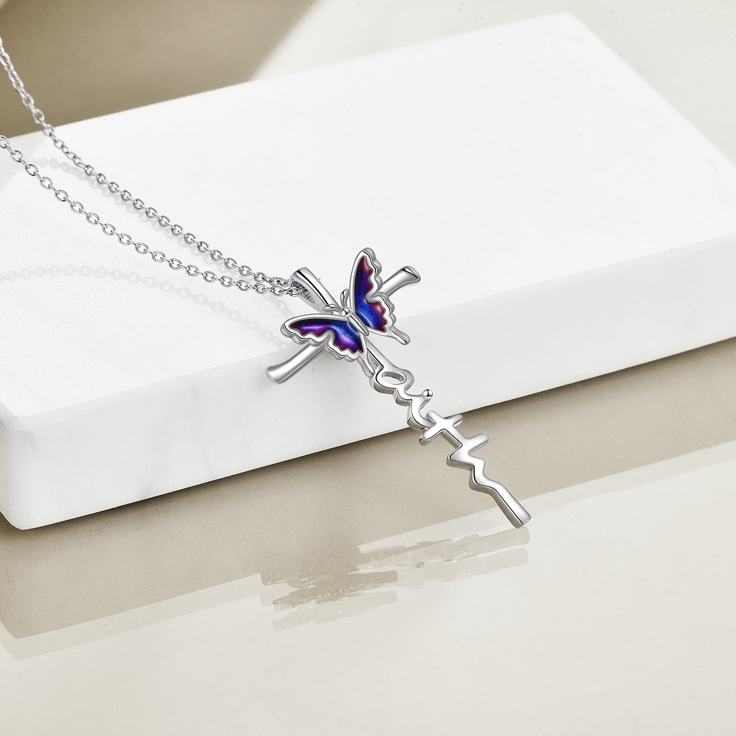 925 Sterling Silver Butterfly Cross Necklace - Rhyme - and - Chain