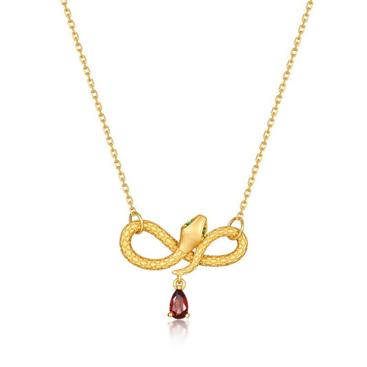 Gold Wrapped Snake Necklace S925 Sterling Silver Garnet January Birthstone