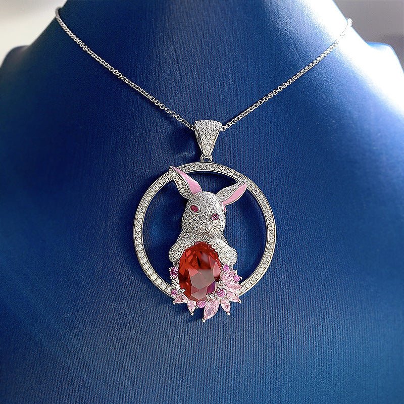 925 Sterling Silver Rabbit Pendant Necklace 10X14 Dove Blood Red - Rhyme - and - Chain