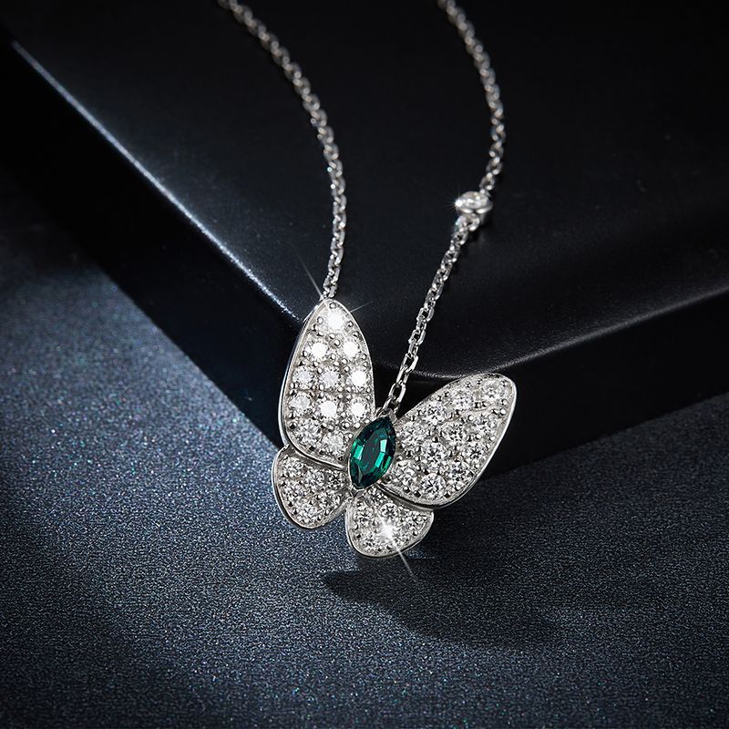 Butterfly Horse Eye Cultivation Emerald Moissanite Pendant S925 Silver Necklace 18K Gold Plated - Rhyme - and - Chain