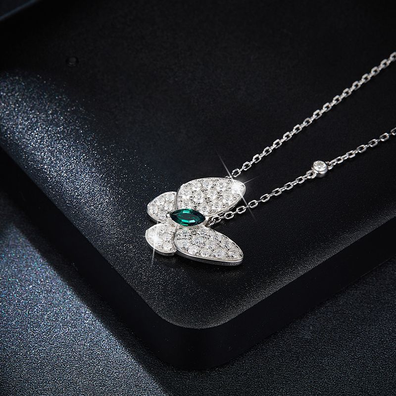 Butterfly Horse Eye Cultivation Emerald Moissanite Pendant S925 Silver Necklace 18K Gold Plated - Rhyme - and - Chain