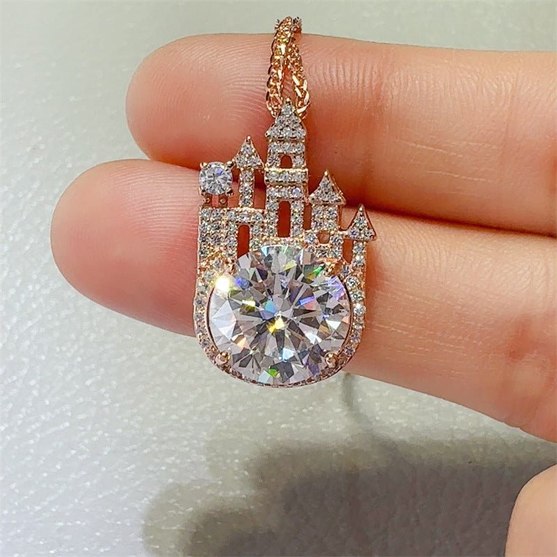 Castle 5 Carat Moissanite Pendant Silver Plated Rose Gold Necklace - Rhyme - and - Chain