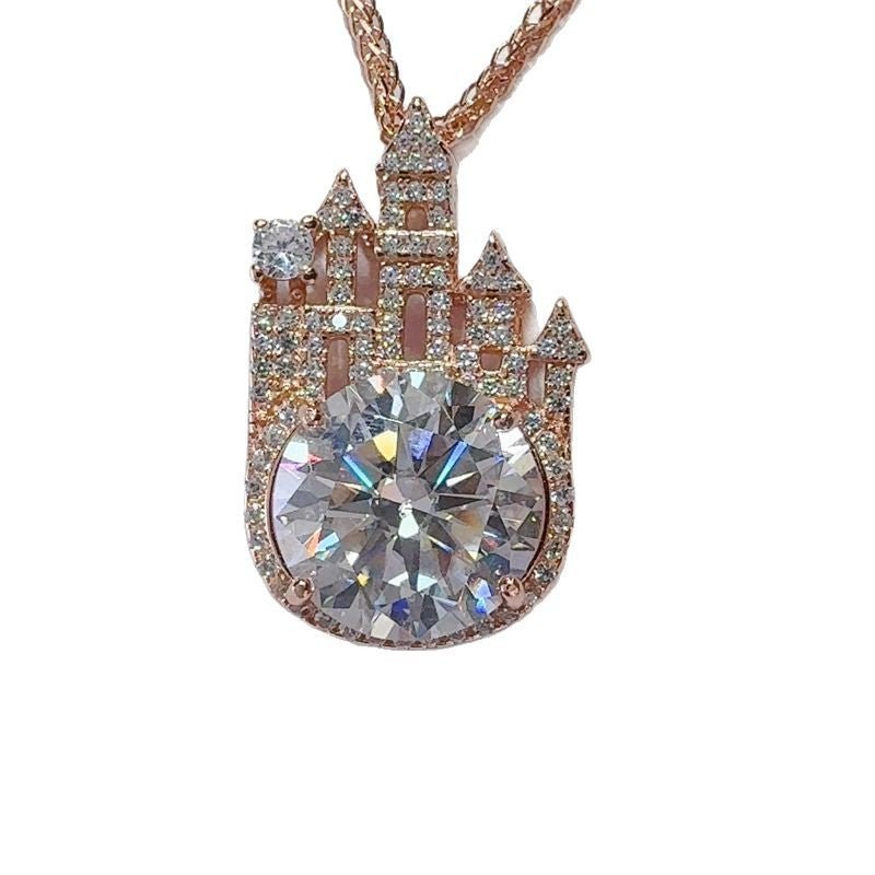 Castle 5 Carat Moissanite Pendant Silver Plated Rose Gold Necklace - Rhyme - and - Chain