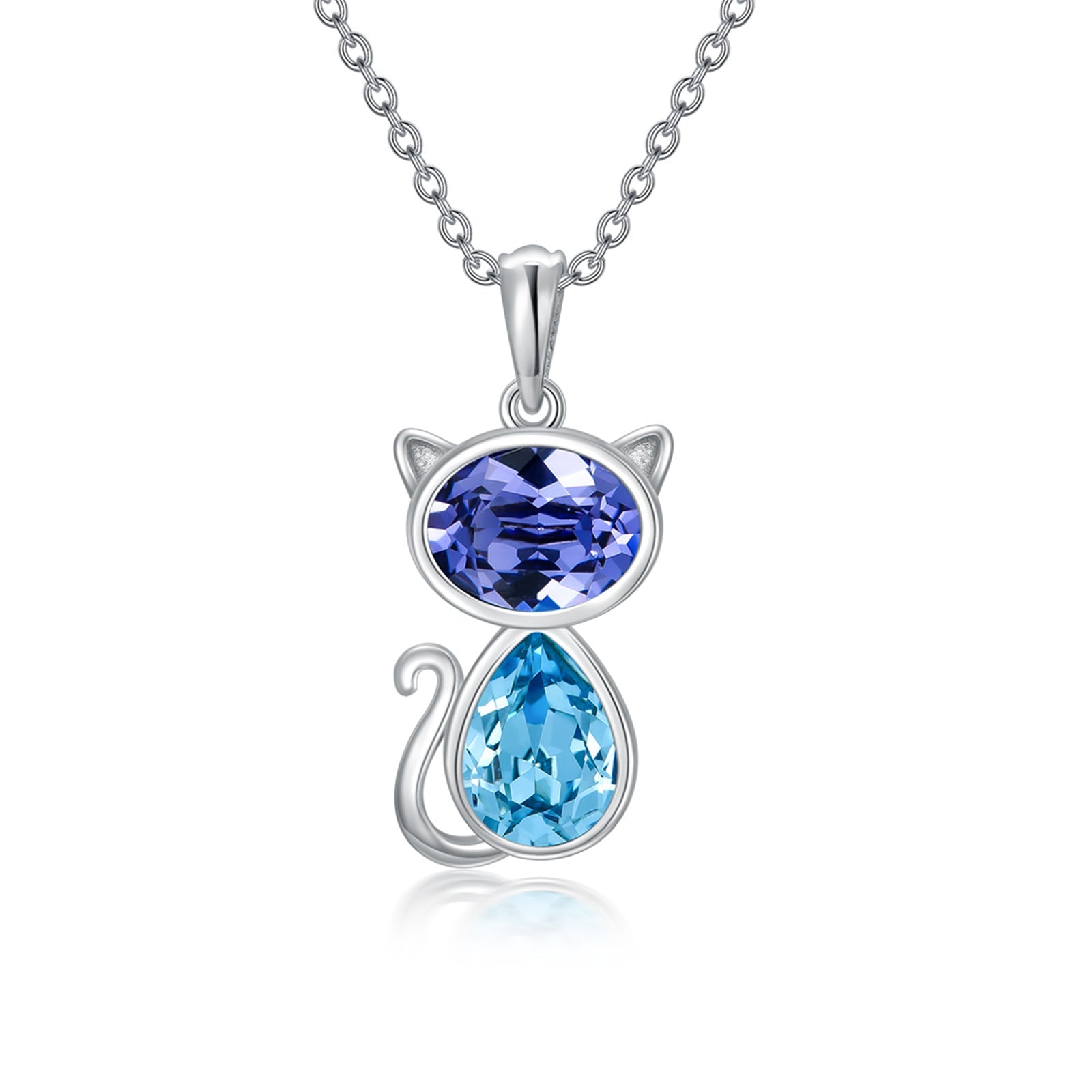 Cat Necklace with Austria Crystal in White Gold Plated Sterling Silver - Rhyme - and - Chain