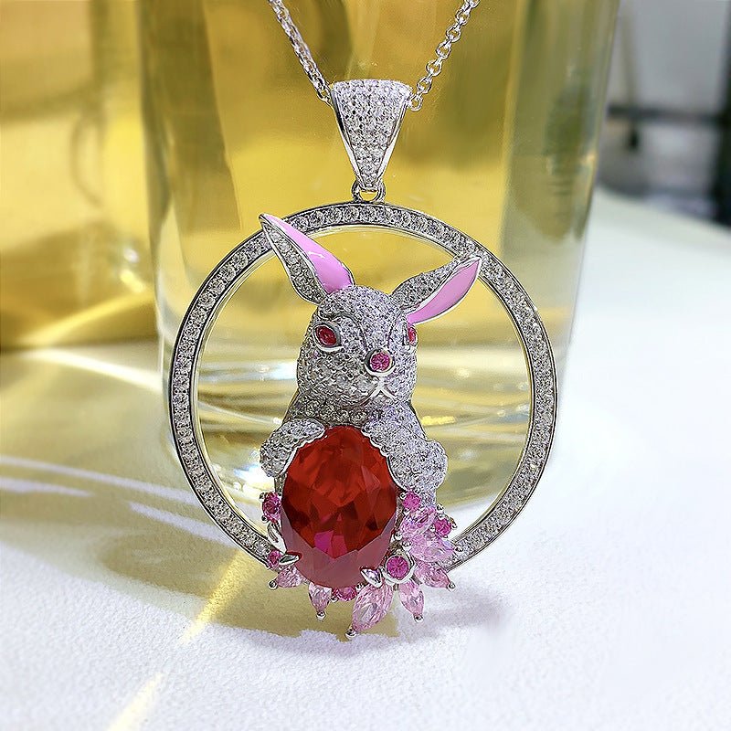 925 Sterling Silver Rabbit Pendant Necklace 10X14 Dove Blood Red - Rhyme - and - Chain