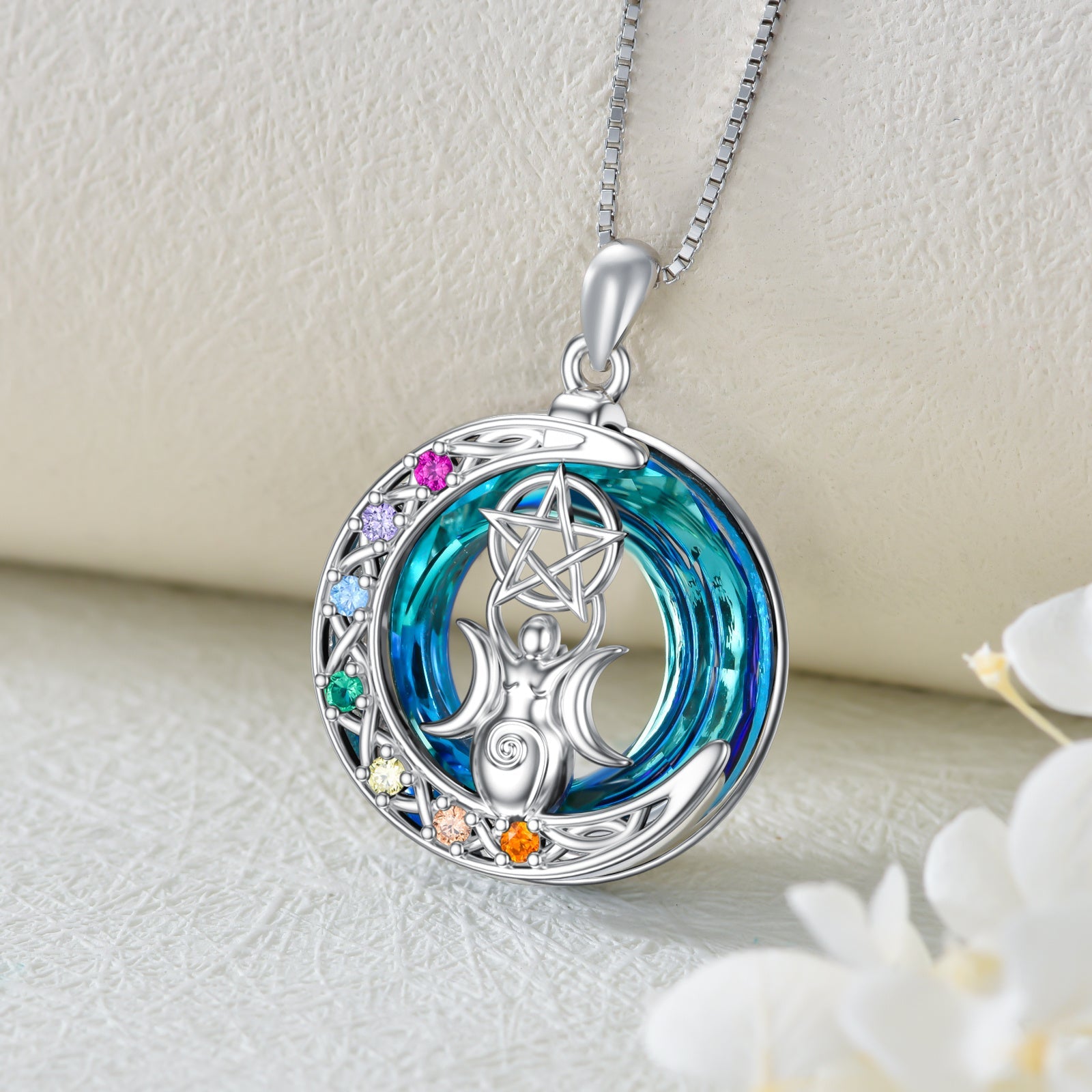 Chakra Triple Moon Goddess Crystal Necklace In White Gold Plated Sterling Silver - Rhyme - and - Chain