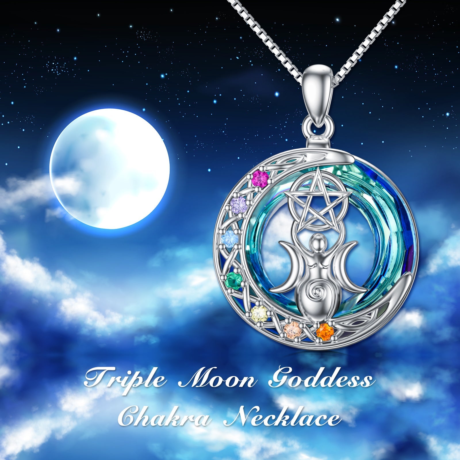 Chakra Triple Moon Goddess Crystal Necklace In White Gold Plated Sterling Silver - Rhyme - and - Chain