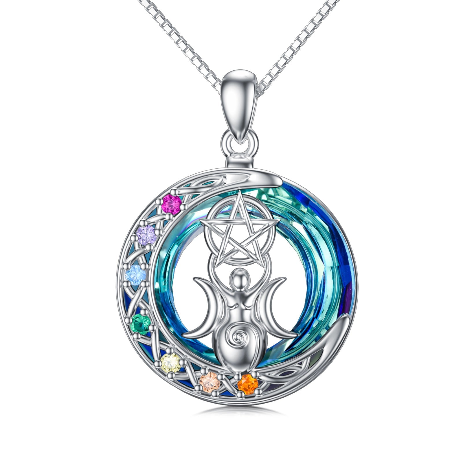 Chakra Triple Moon Goddess Crystal Necklace In White Gold Plated Sterling Silver - Rhyme - and - Chain