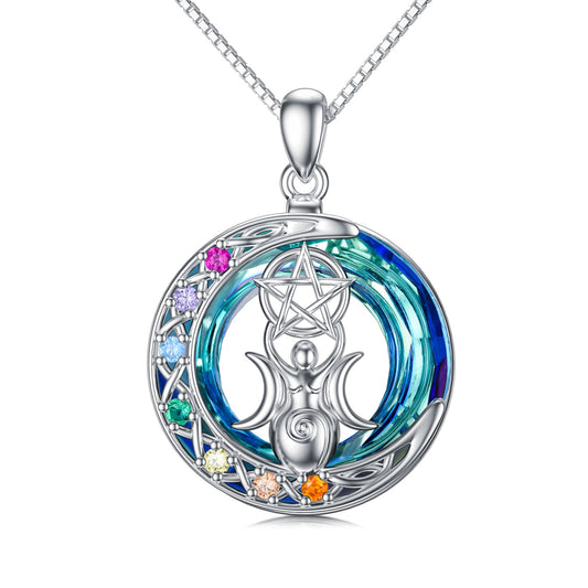 Chakra Triple Moon Goddess Crystal Necklace In White Gold Plated Sterling Silver - Rhyme - and - Chain