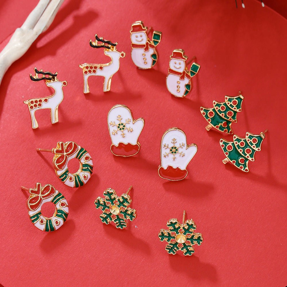 Christmas Stud Combination Suit Snowflake Elk Earrings - Rhyme-and-Chain