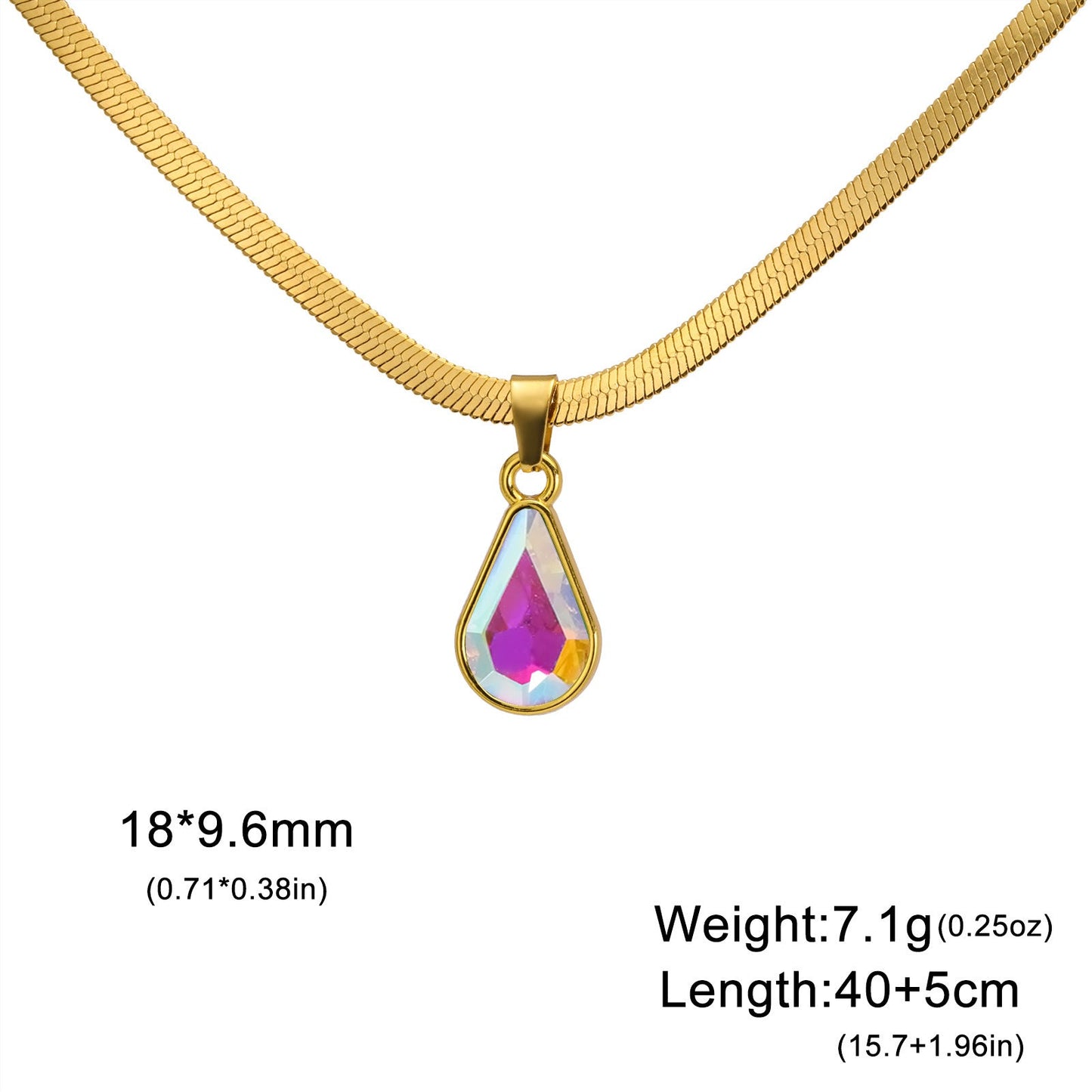 Colorful Crystal Water Drop Pendant Stainless Steel Snake Chain Necklace - Rhyme - and - ChainWomen’s Necklace