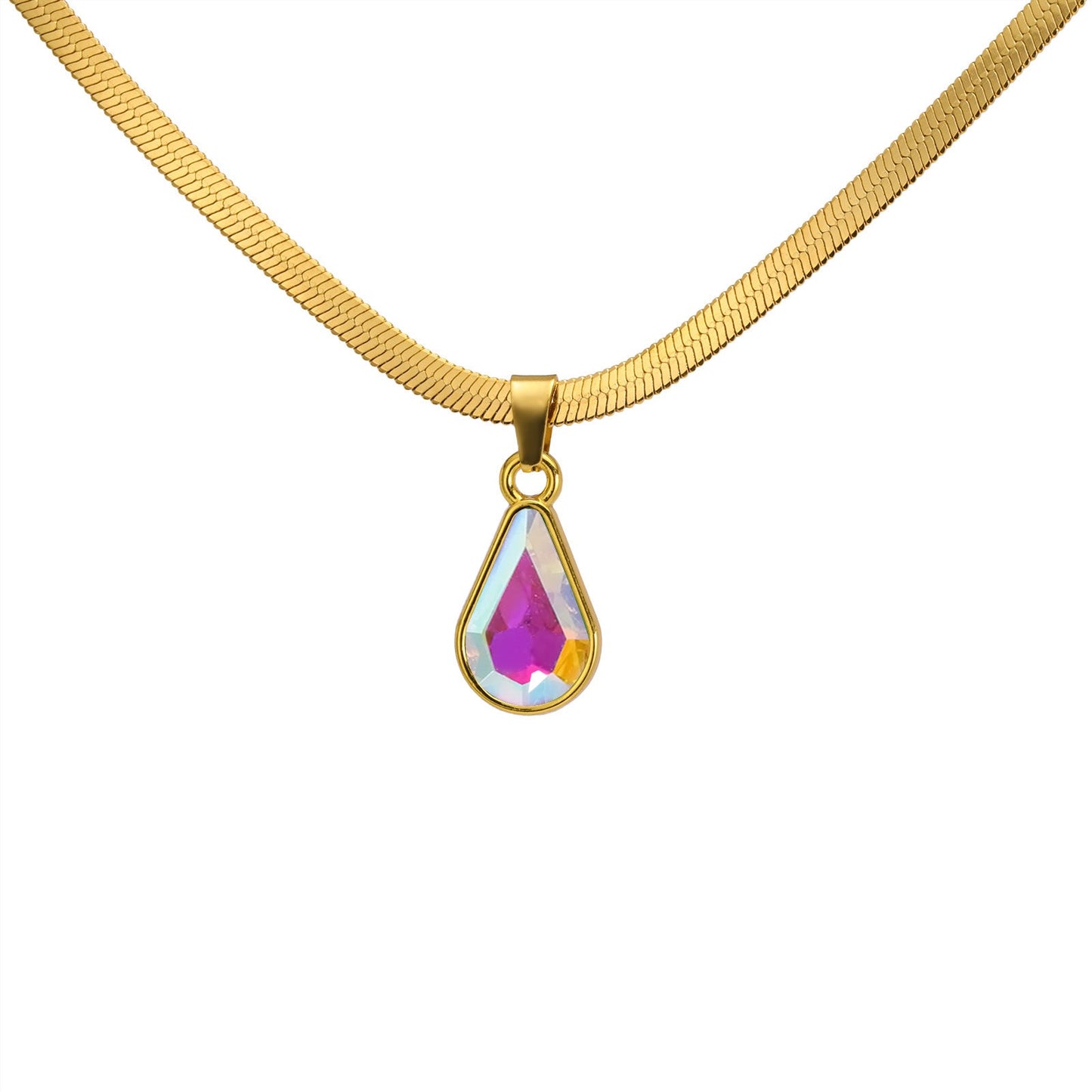 Colorful Crystal Water Drop Pendant Stainless Steel Snake Chain Necklace - Rhyme - and - ChainWomen’s Necklace