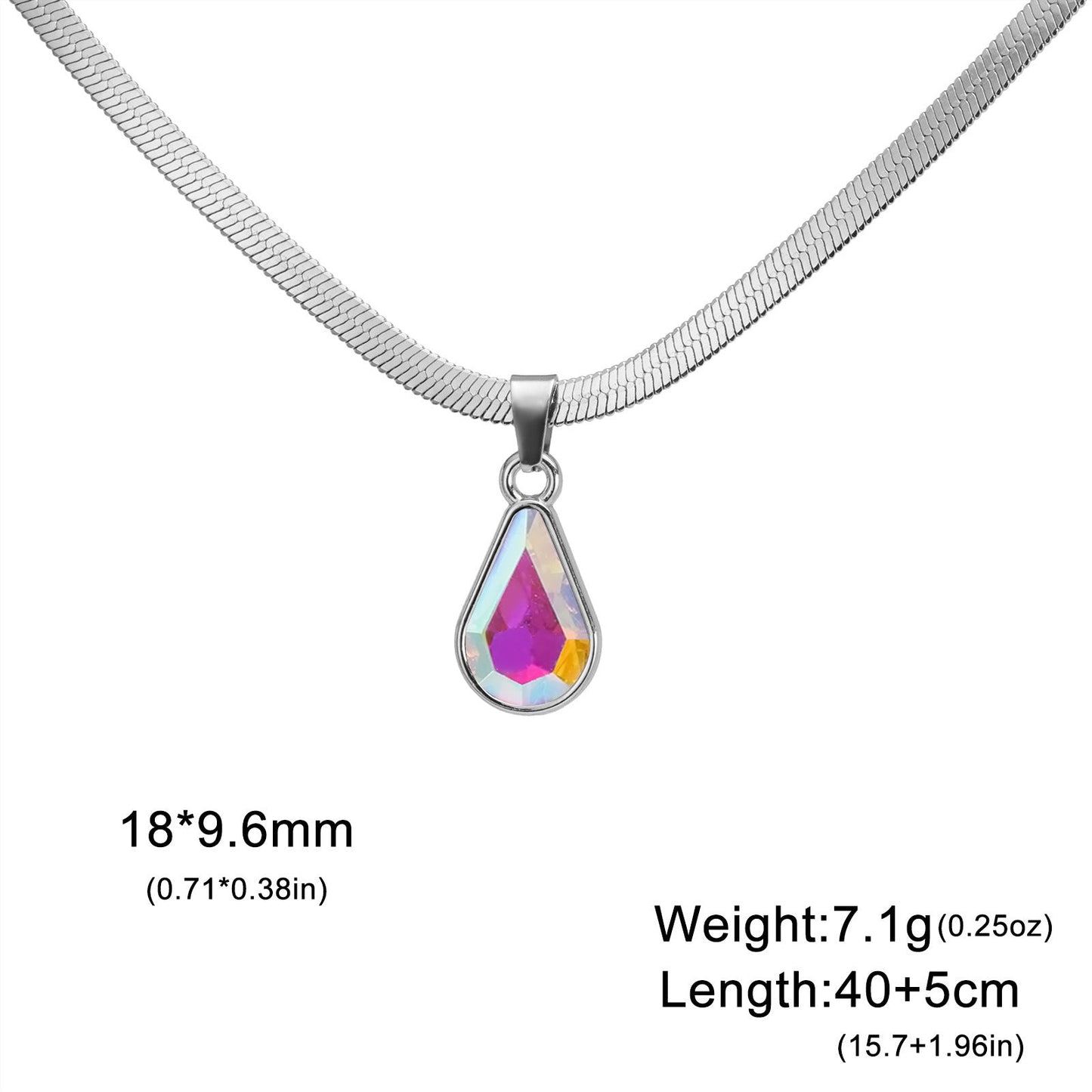 Colorful Crystal Water Drop Pendant Stainless Steel Snake Chain Necklace - Rhyme - and - ChainWomen’s Necklace