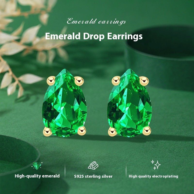 Creative Emerald Water Drop Ear Studs Simple S925 - Rhyme - and - Chain