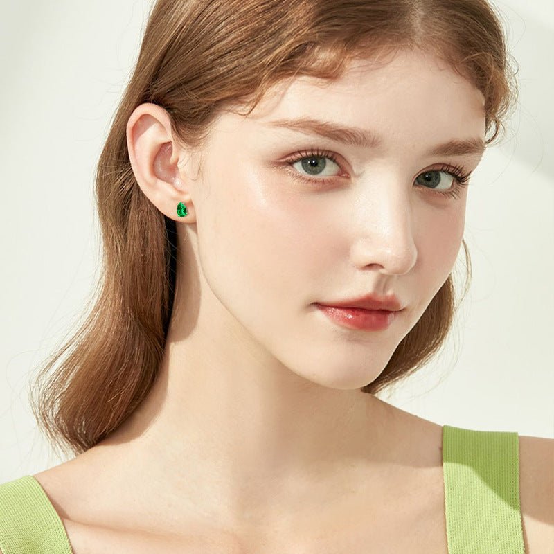 Creative Emerald Water Drop Ear Studs Simple S925 - Rhyme - and - Chain