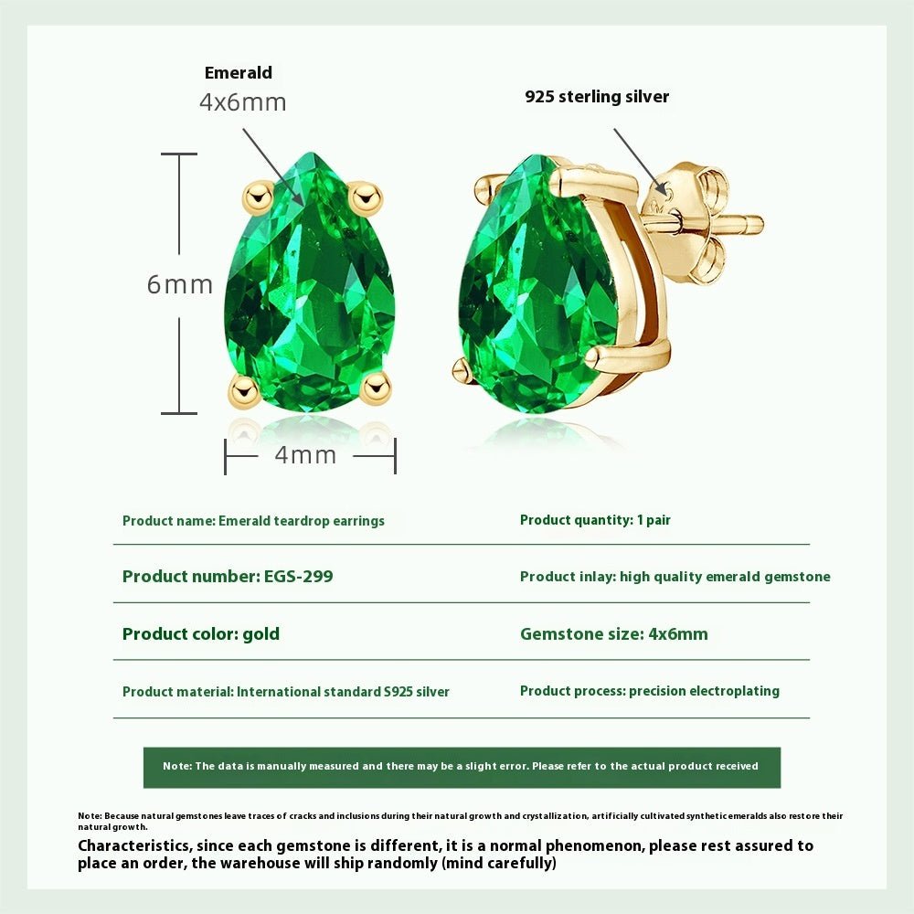 Creative Emerald Water Drop Ear Studs Simple S925 - Rhyme - and - Chain