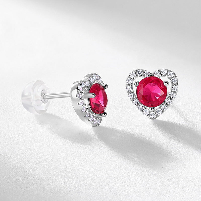 Cultivated Ruby Heart Stud Earrings S925 Sterling Silver - Rhyme-and-Chain