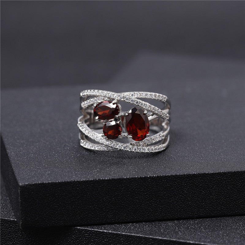 Design Red Garnet Inlaid Gemstone Ring 925 Silver - Rhyme - and - Chain