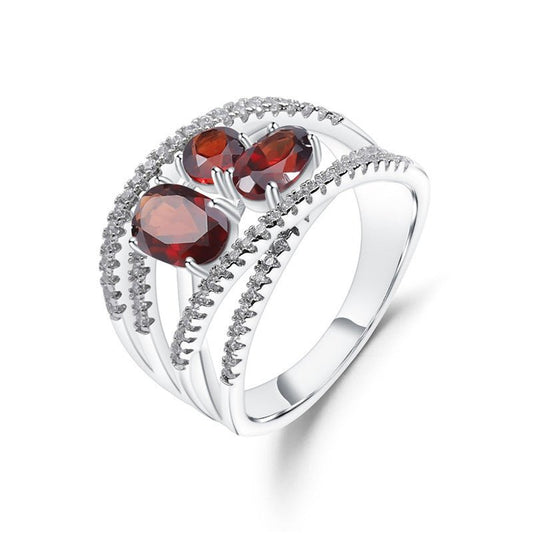 Design Red Garnet Inlaid Gemstone Ring 925 Silver - Rhyme - and - Chain