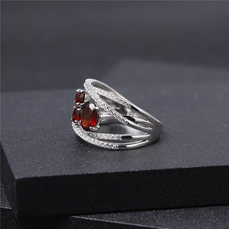 Design Red Garnet Inlaid Gemstone Ring 925 Silver - Rhyme - and - Chain