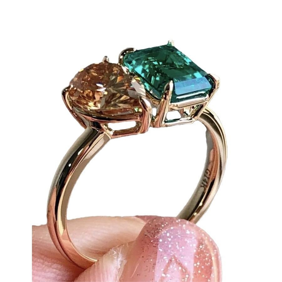 Double Main Stone Lady Green Yellow Zircon Square Stone Ring - Rhyme-and-Chain