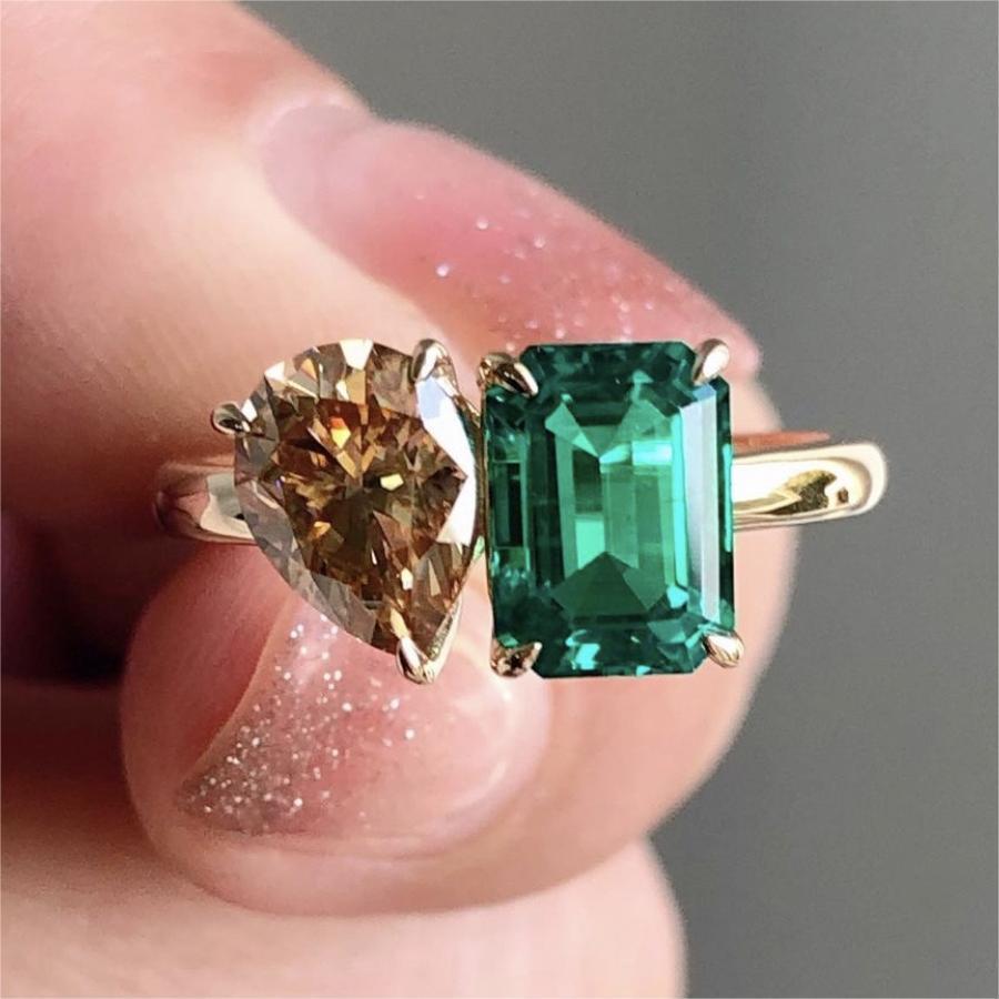 Double Main Stone Lady Green Yellow Zircon Square Stone Ring - Rhyme-and-Chain