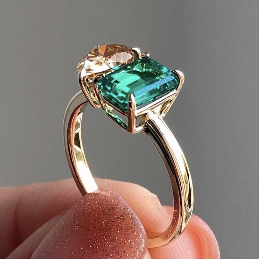 Double Main Stone Lady Green Yellow Zircon Square Stone Ring - Rhyme-and-Chain