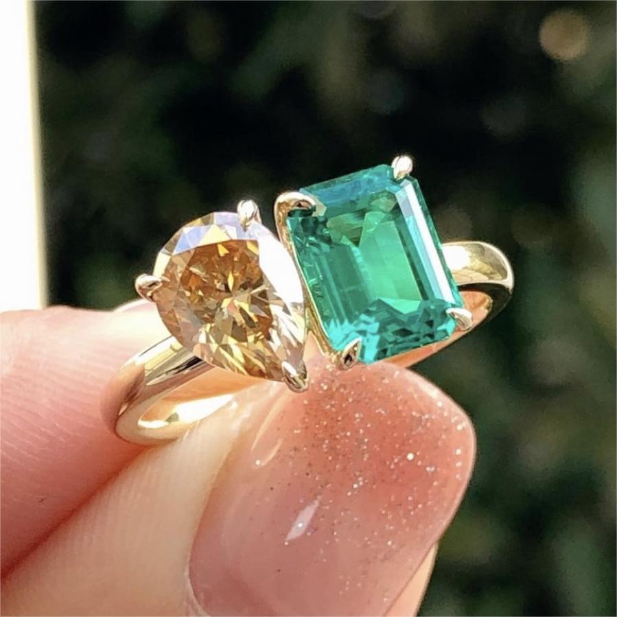 Double Main Stone Lady Green Yellow Zircon Square Stone Ring - Rhyme-and-Chain