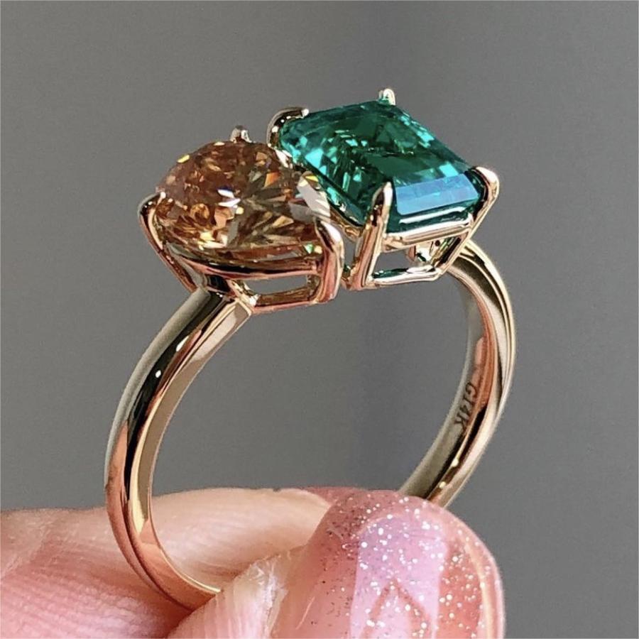 Double Main Stone Lady Green Yellow Zircon Square Stone Ring - Rhyme-and-Chain