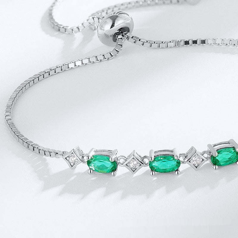 Elegant Egg-shaped S925 Silver Cultivation Emerald Bracelet - Rhyme-and-Chain